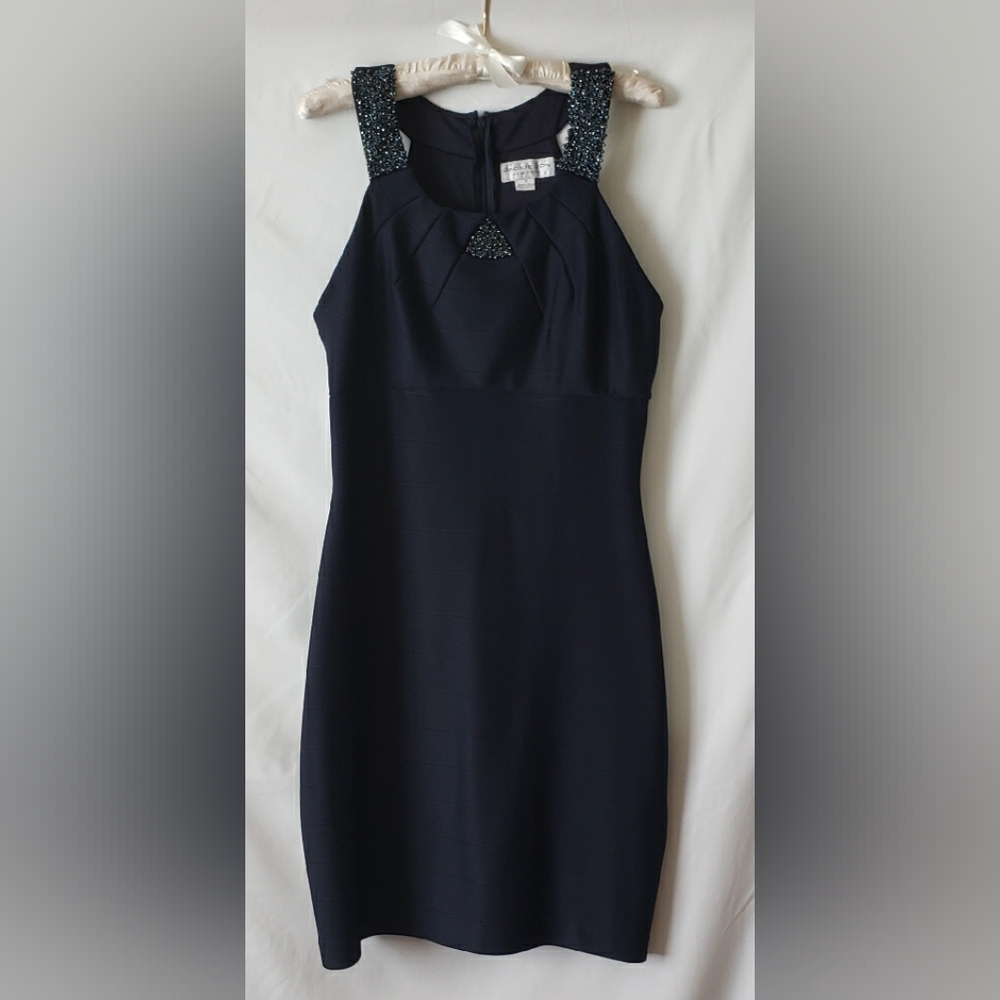 Holiday Party Dress Dark Blue, Beaded Halter, Knee-Length Sheath Dress